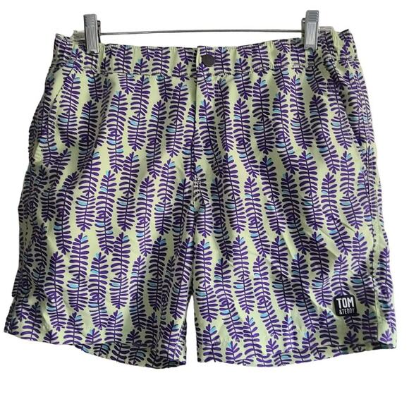 TOM & TEDDY Lt‎ Green & Purple Feathers Leaves UPF 50+ Swim Shorts Men's Small - Picture 1 of 11